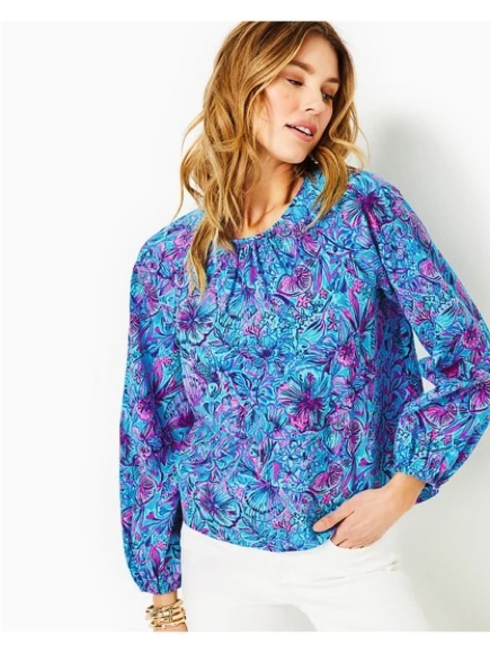 Lilly Pulitzer Rilynn long sleeve top in “Breakwater Blues Shells and Bells”